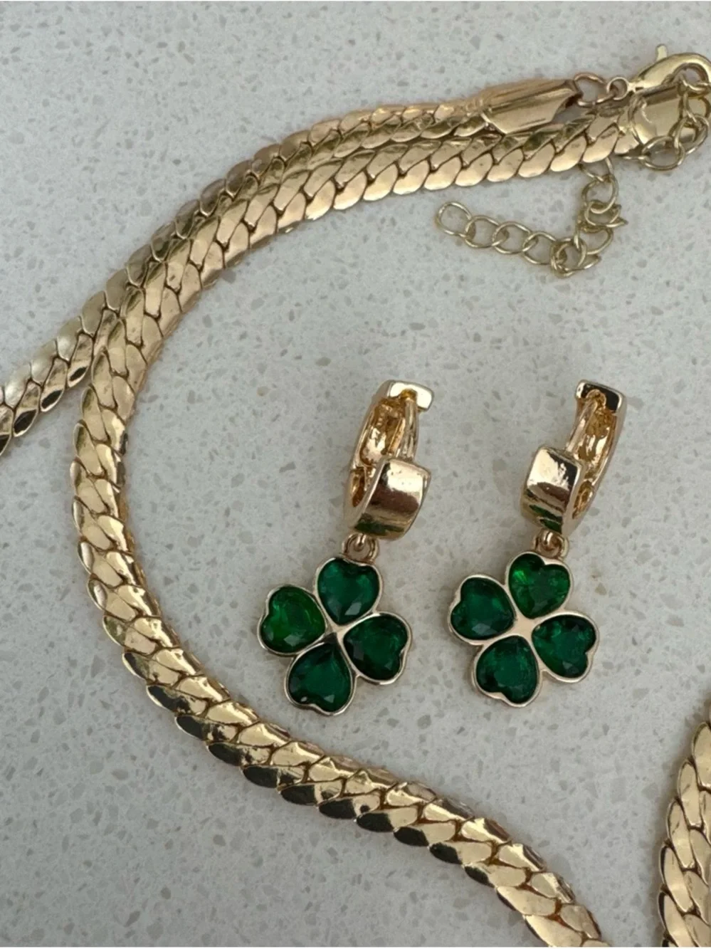 Gold-Tone Necklace and Bracelet Set with Green Clover Accents